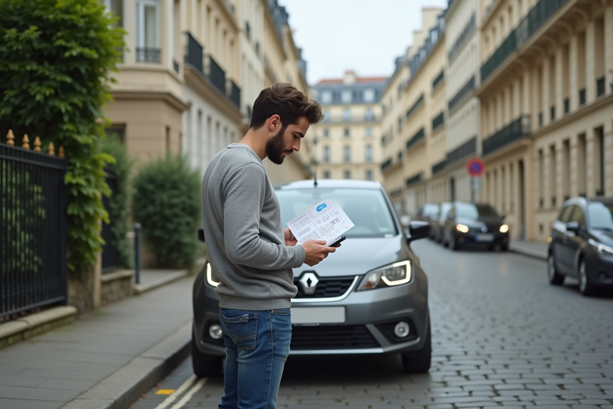 Jeune homme vérifiant ses documents devant sa voiture à Paris