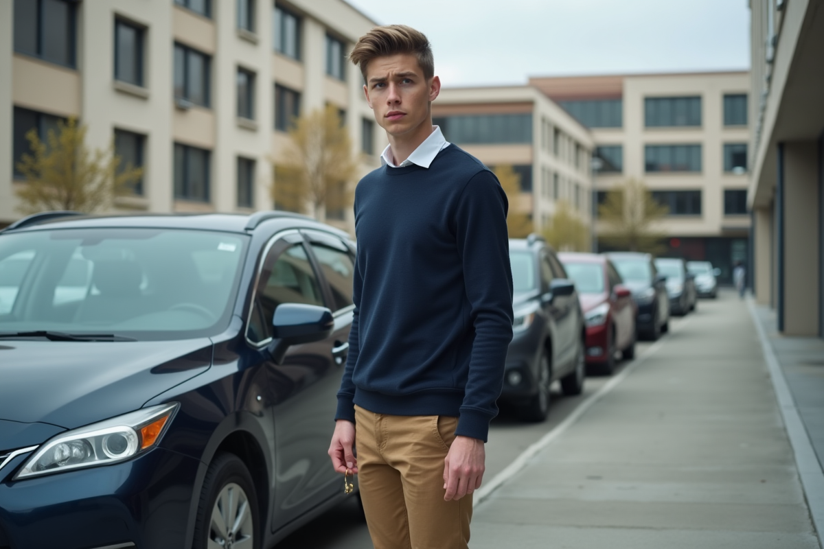 Jeune homme hésitant à côté de sa voiture en parking
