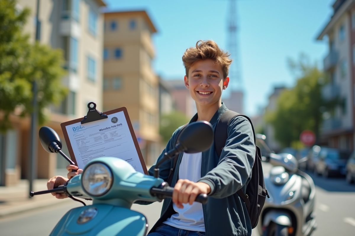 Adolescent souriant préparant à conduire un scooter avec certificat BSR visible