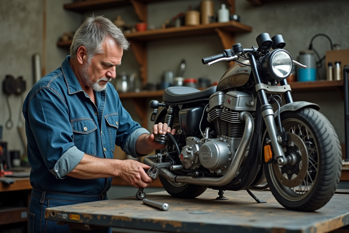 Mécanicien moto homme inspectant un moteur dans un atelier