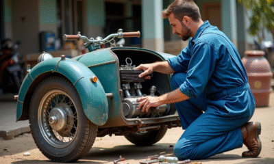 Mécanicien en bleu travaillant sur un sidecar de moto vintage
