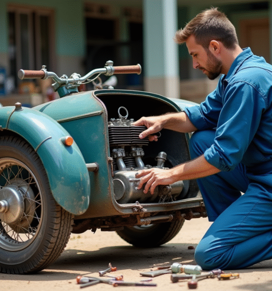 Mécanicien en bleu travaillant sur un sidecar de moto vintage