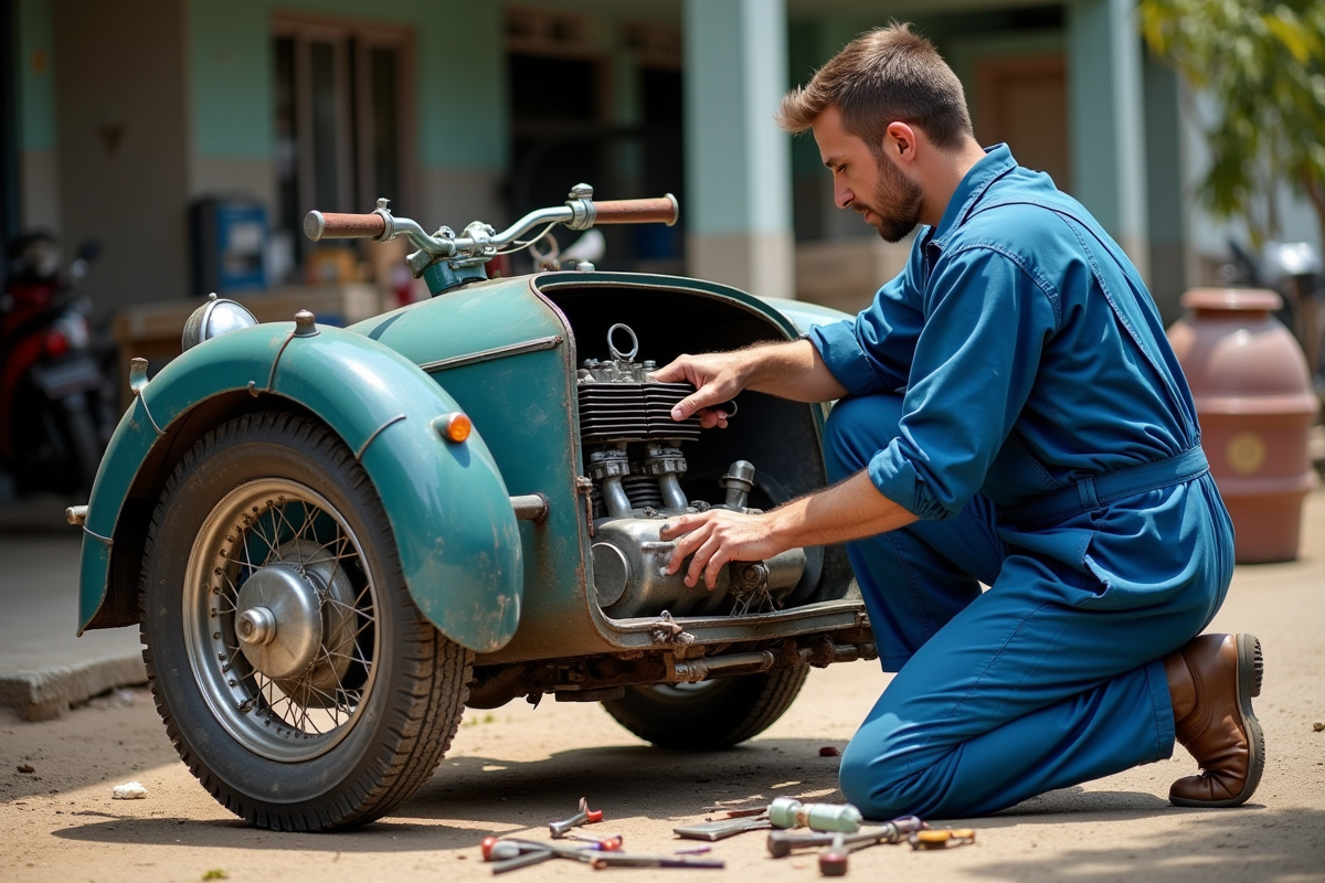 Mécanicien en bleu travaillant sur un sidecar de moto vintage