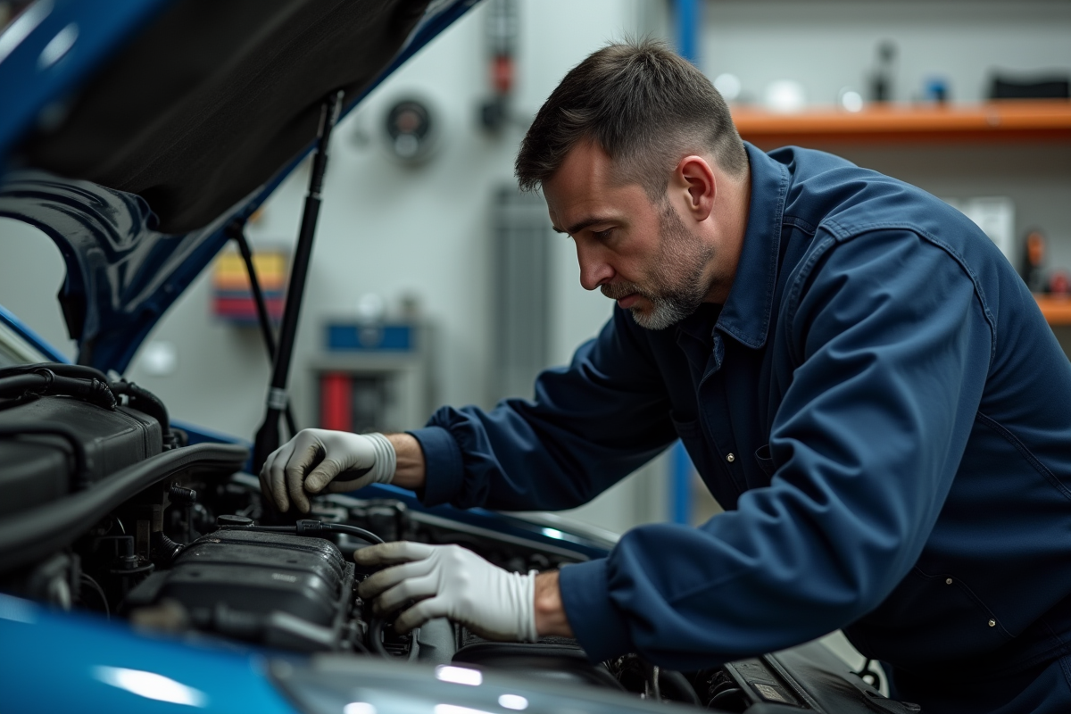 Mécanicien inspectant le moteur d'une Renault 1,5 dCi