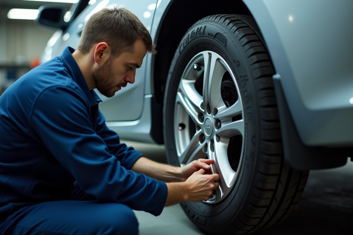 Mécanicien inspectant une roue de voiture dans un garage bien éclairé