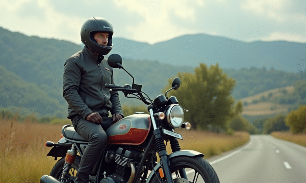 Motard homme en équipement sur route rurale avec moto