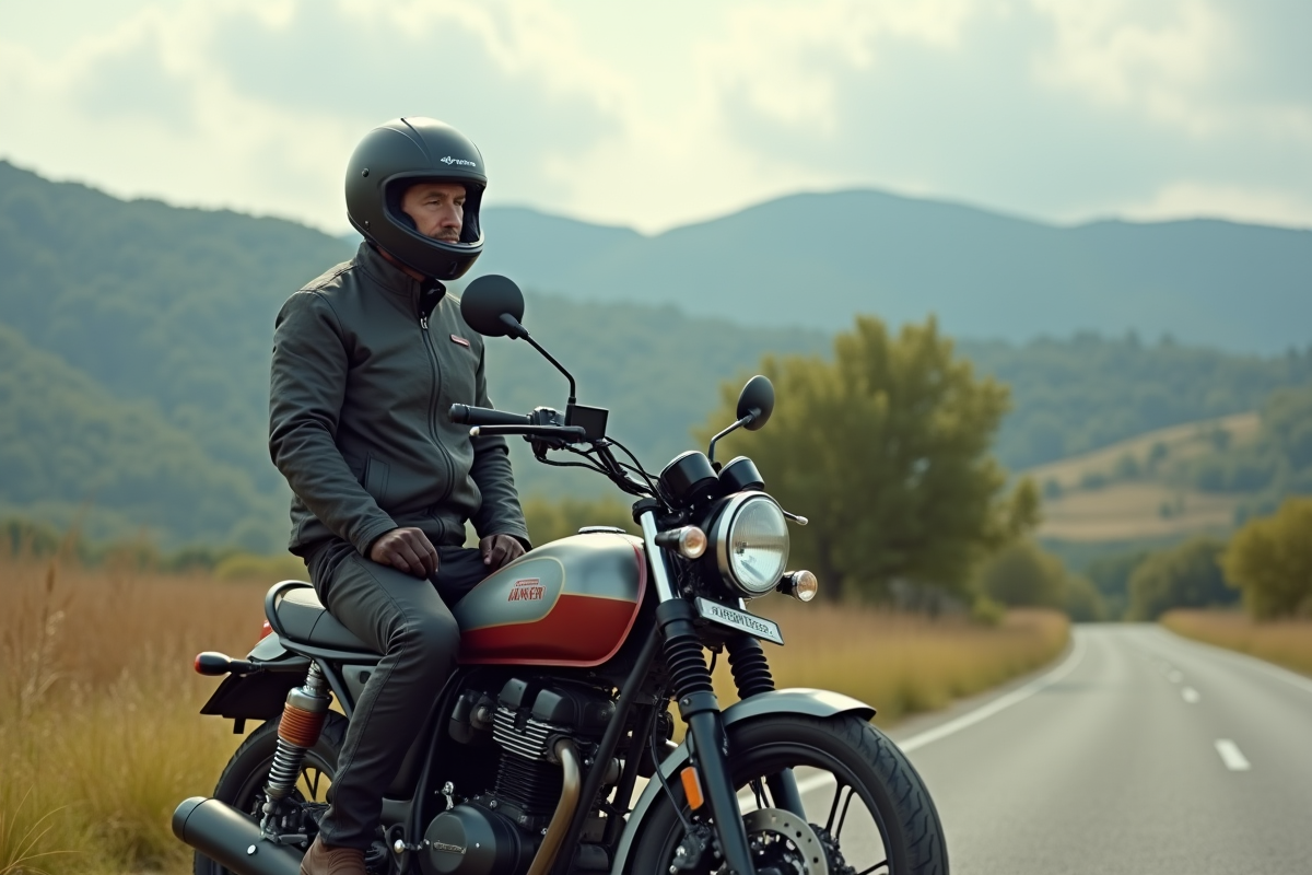 Motard homme en équipement sur route rurale avec moto