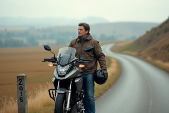 Homme en équipement moto regardant l'horizon rural