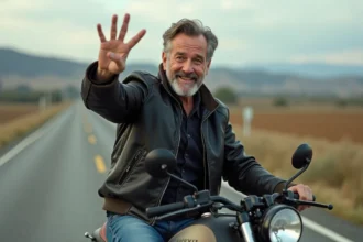 Motard homme souriant en V sur une moto vintage