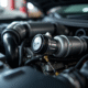 Moteur de voiture moderne avec turbo et capteur en garage