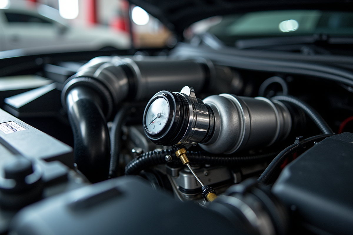 Moteur de voiture moderne avec turbo et capteur en garage