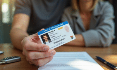 Permis B tenu en main par un adulte souriant à une table ensoleillée