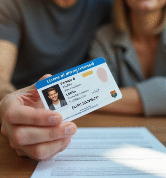 Permis B tenu en main par un adulte souriant à une table ensoleillée