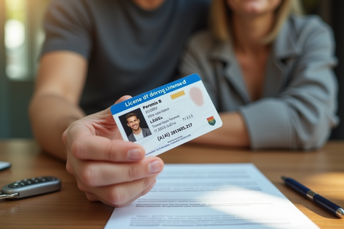 Permis B tenu en main par un adulte souriant à une table ensoleillée