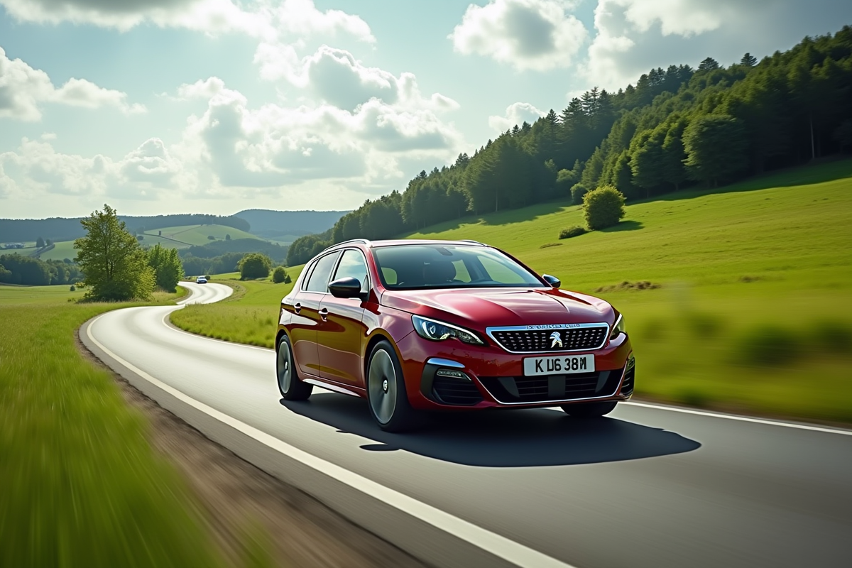 Peugeot 308 en conduite sur une route de campagne ensoleillée