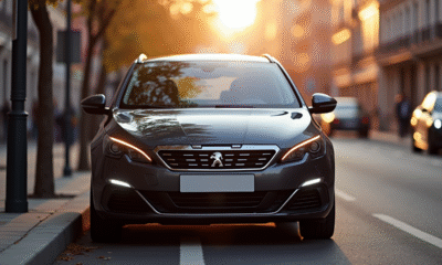 Peugeot 308 neuve sur une rue urbaine au crépuscule