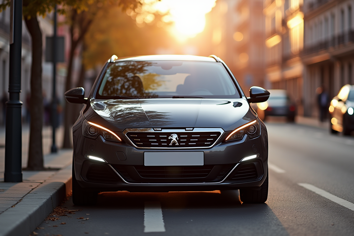 Peugeot 308 neuve sur une rue urbaine au crépuscule