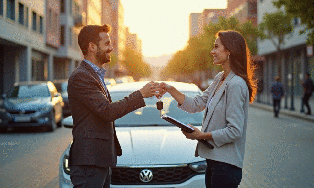Personne souriante remettant les clés de la voiture lors d'une transaction en plein soleil