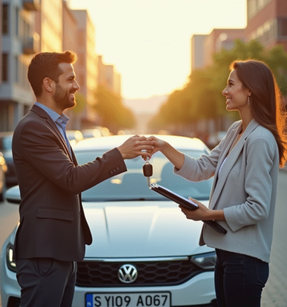 Personne souriante remettant les clés de la voiture lors d'une transaction en plein soleil