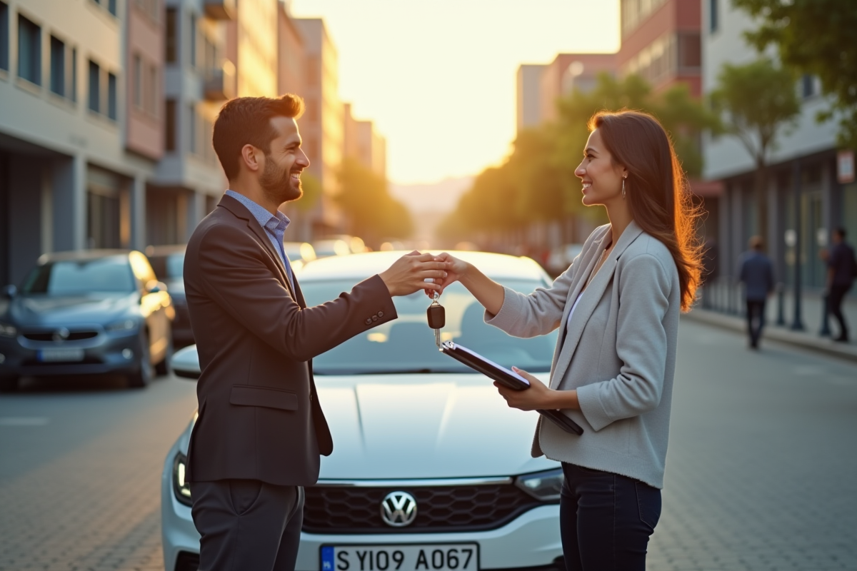 Personne souriante remettant les clés de la voiture lors d'une transaction en plein soleil