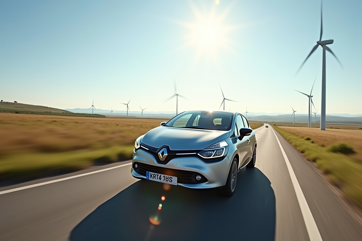 Renault Clio conduite dans la campagne ensoleillee