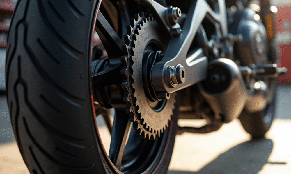 Détail de la roue arrière d'une moto avec chaîne et grand sprocket