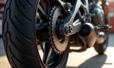 Détail de la roue arrière d'une moto avec chaîne et grand sprocket