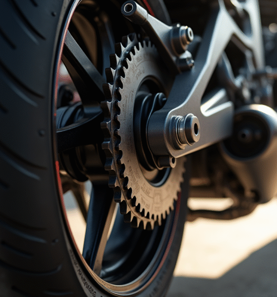 Détail de la roue arrière d'une moto avec chaîne et grand sprocket
