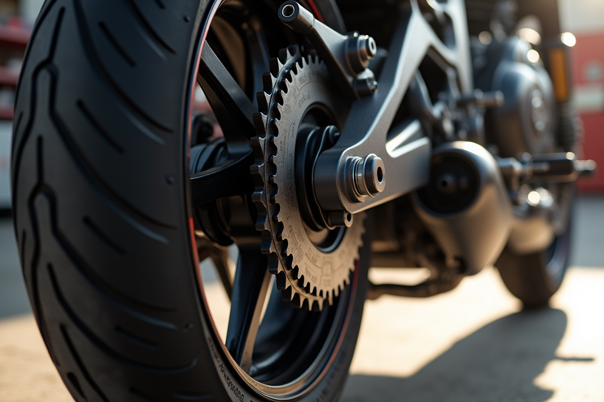 Détail de la roue arrière d'une moto avec chaîne et grand sprocket