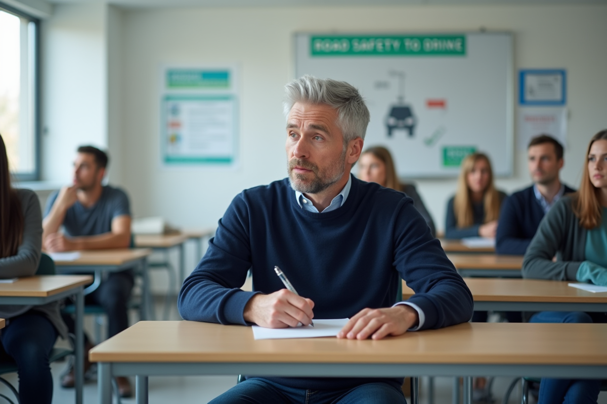 Homme en classe lors d'un seminar de securite routiere