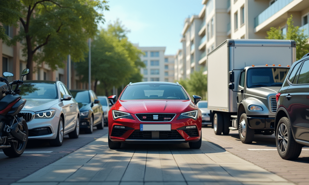 Stationnement avec véhicules assurés et documents visibles