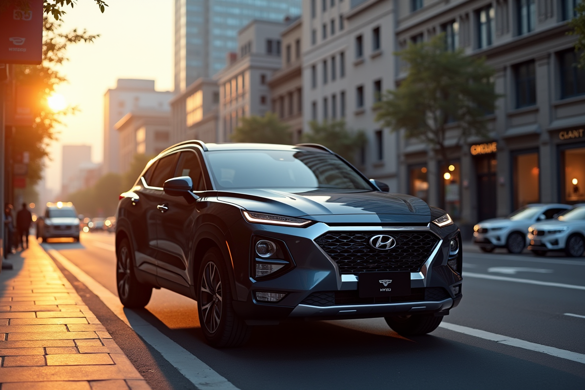 SUV hybride stationne en ville au lever du soleil