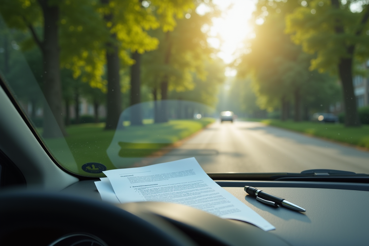 Voiture garée sur une rue ensoleillée avec document sur le tableau de bord